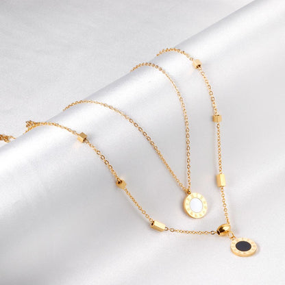 New Design Romantic Double Pendant Necklace For Women Design Roman Numerals Trendy Black And White Shell Collier