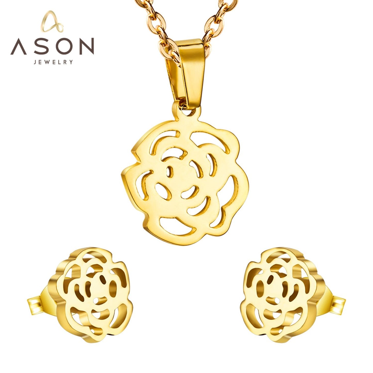 ASON Gold Color Accessories Classic Jewelry Flower Pendants Link Chains Necklace Earrings Jewelry Set For Women Wedding