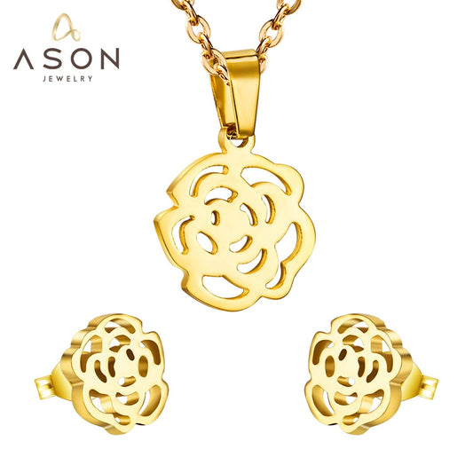 ASON Gold Color Accessories Classic Jewelry Flower Pendants Link Chains Necklace Earrings Jewelry Set For Women Wedding
