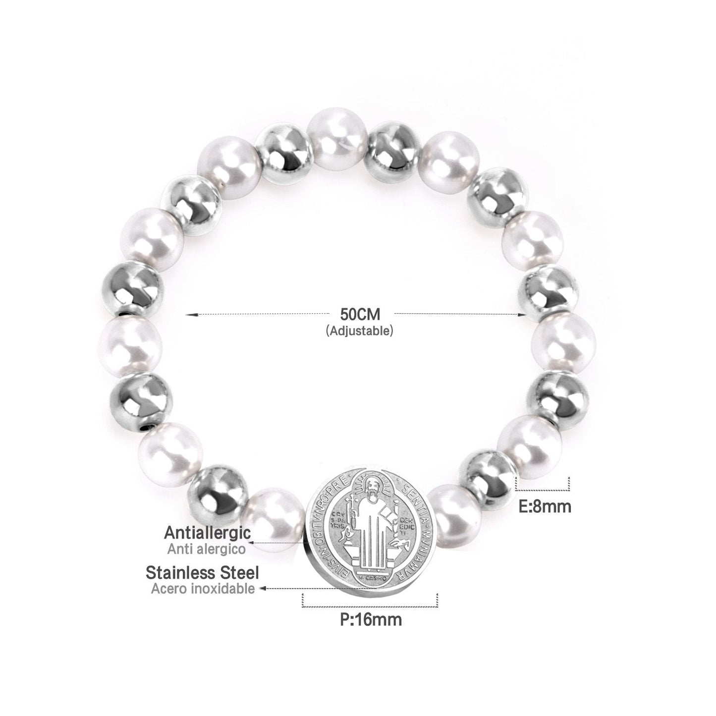 ASON Pulseras Ball Beaded Bracelets With Imitation Pearl Gold Color Stainless Steel Round Jesu Pendants Women Bangle