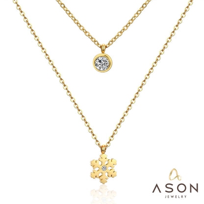 ASON Snowflake Round Cubic Zirconia Pandents Double Chains Necklaces Gold Color Stainless Steel For Women Chokers Christmas