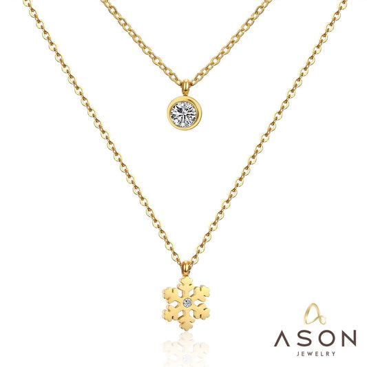 ASON Snowflake Round Cubic Zirconia Pandents Double Chains Necklaces Gold Color Stainless Steel For Women Chokers Christmas