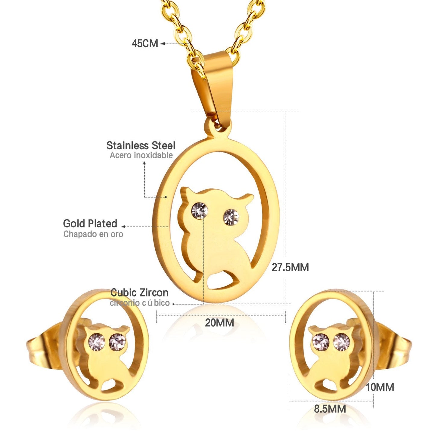 ASON Gold Color 316L Stainless Steel Jewelry Sets  for Women Round Owl Pendant Necklace Small Stud Earrings for Femme