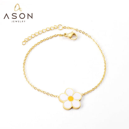 ASON Fashion Big White Flower Pendant Bracelet 316L Stainless Steel Bangle 18cm+3cm Length for Women Jewelry Accessories