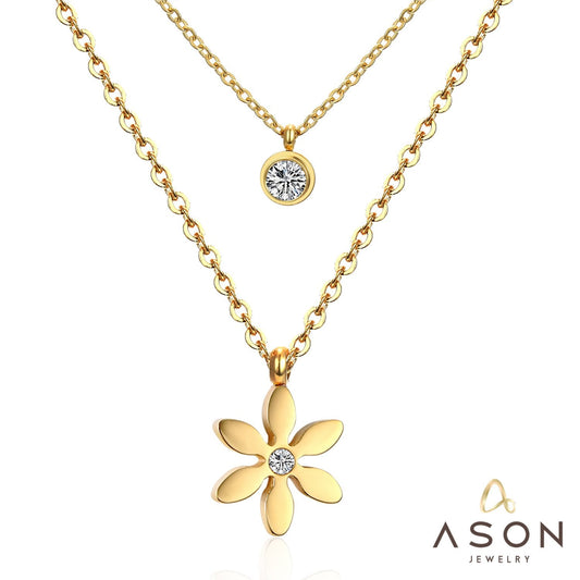 ASON Flower Round Cubic Zironia Choker Multi-layer Chains Pendant Necklace Stainless Steel Gold Color Fashion Jewelry Daily