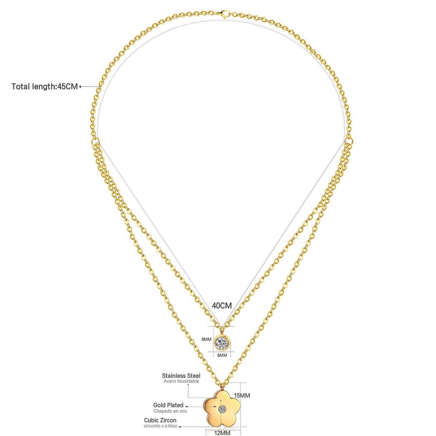 Double Layer Chain Pendants Necklaces For Women Girls Gold Color Silver Tone Stainless Steel CZ Crystal Round Choker