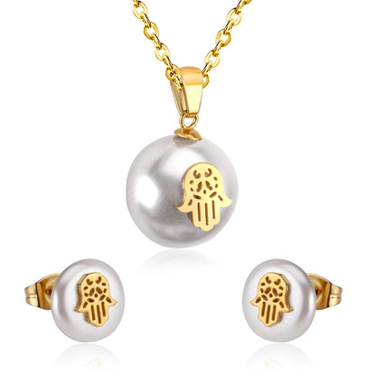 Hand Fake Pearl Wedding Dubai Jewelry sets Stainless Steel Women Small Stud Earring Necklace Jewelry sets