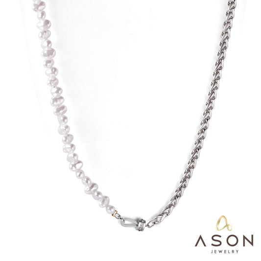 ASON Vintage Baroque Irregular Pearl Pendant Chain Necklace Stainless Steel Geometric Fashion Jewelry for Women Party Gift