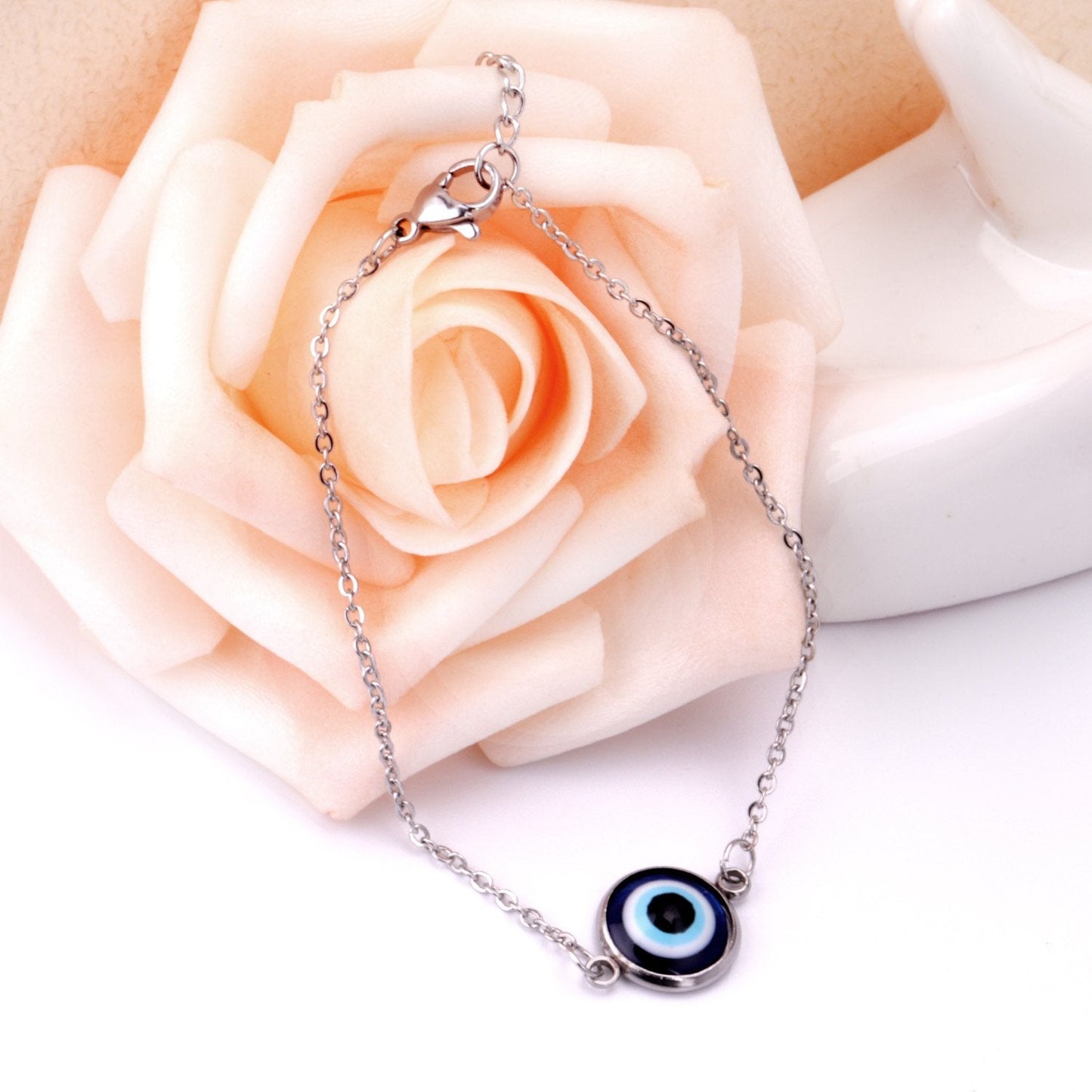 ASON Gold Color Stainless Steel Blue Eye Cubic Zirconia Anti-allergy Chain Bracelets Bangle For Women Men Fashion Jewelry