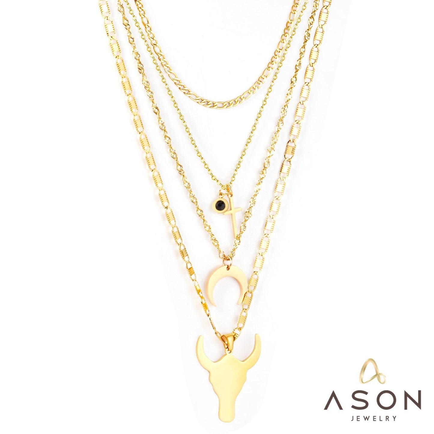 ASON Stainless Steel Gold Color Cross Moon Bull Head Pendant Multi Layer Necklace for Women Fashion Choker Jewelry