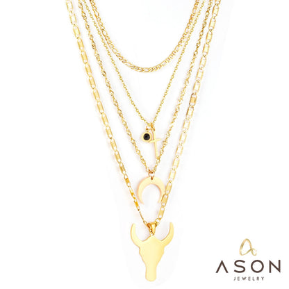 ASON Stainless Steel Gold Color Cross Moon Bull Head Pendant Multi Layer Necklace for Women Fashion Choker Jewelry