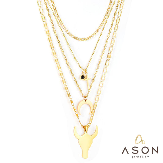 ASON Stainless Steel Gold Color Cross Moon Bull Head Pendant Multi Layer Necklace for Women Fashion Choker Jewelry