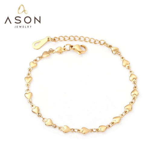 ASON Heart Charm Chain Bracelets Gold Color Stainless Steel for Women Lovely Jewelry with Extender Adjustable Bangle