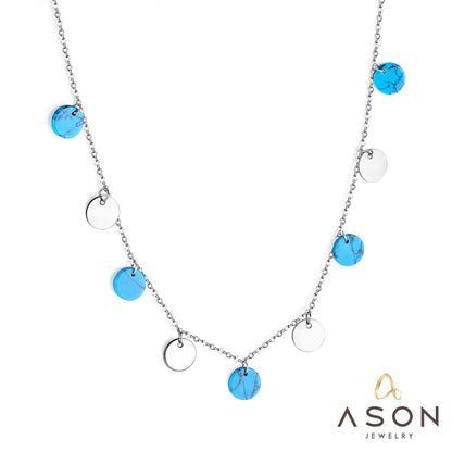 ASON 10mm Round Handmade Blue Stone Choker Collars Necklaces Stainless Steel Silver Color Chains Pendant Necklace Female
