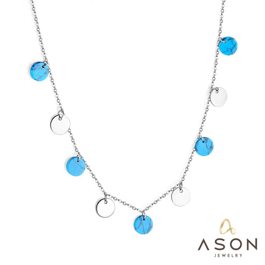 ASON 10mm Round Handmade Blue Stone Choker Collars Necklaces Stainless Steel Silver Color Chains Pendant Necklace Female