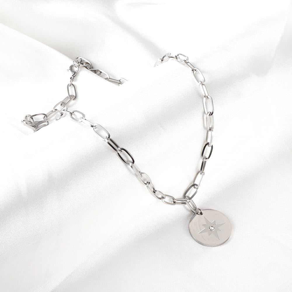 ASON Trendy Round Charm Luck Star Pendant Necklace Chains Gold Color Stainless Steel For Women Jewelry Chokers Simple Style