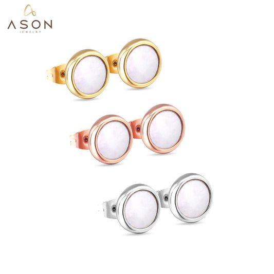 ASON Stylish White/Black Shell Stud Earrings 3Pairs/lot 8mm Round Earring Stainless Steel Jewelry for Women Party Gift