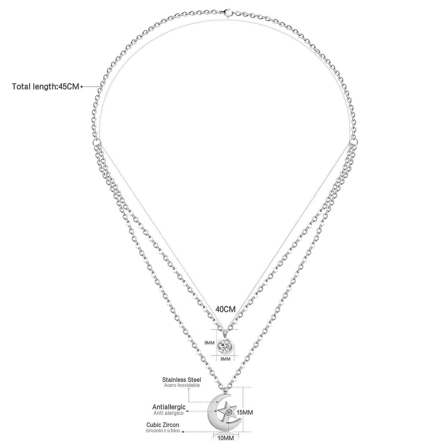 ASON Moon Star Pendant Necklaces Stainless Steel Gold Color Double Chain Necklace Statement Jewelry Wholesale Party Gift