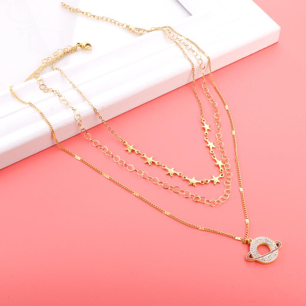 Planet Design With Shiny AAA Zirconia Triple Three Layer Pendant Necklace With Stars Collier Mix Trendy Jewelry 90S