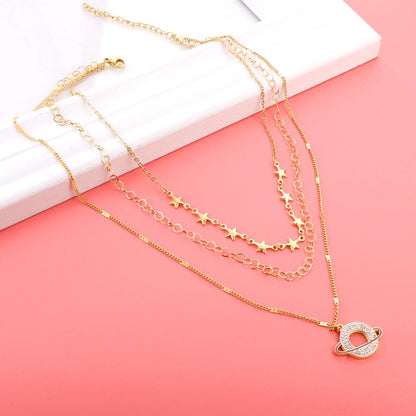 Planet Design With Shiny AAA Zirconia Triple Three Layer Pendant Necklace With Stars Collier Mix Trendy Jewelry 90S