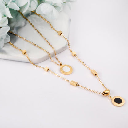 New Design Romantic Double Pendant Necklace For Women Design Roman Numerals Trendy Black And White Shell Collier
