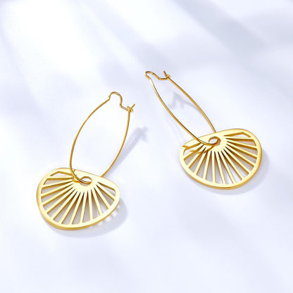 Summer Stainless Steel Geometric Hoop Earrings Minimalist Fan Leaf Shape Unusual Beach Waterproof Jewelry For Women