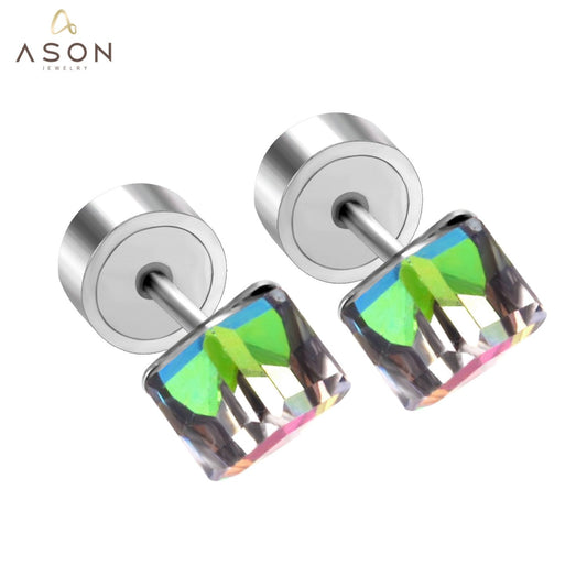 ASON Square Stud Earrings for Women/Girl Stainless Steel Silver Color Cubic Zirconia  Earring Collier Female Accessories