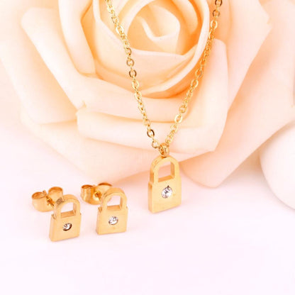 Dubai Wedding Jewelry Sets Stainless Steel Earings Lock Pendant Necklace Set For Women Girls Indian Jewelry Sets