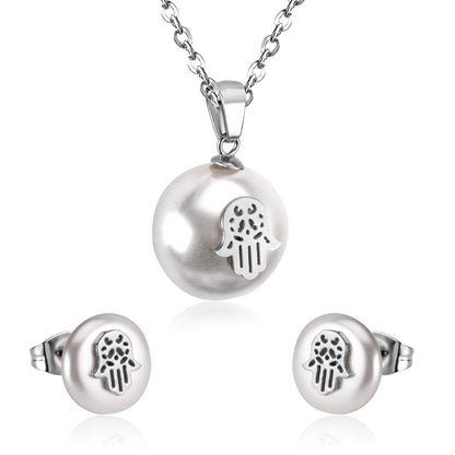 Hand Fake Pearl Wedding Dubai Jewelry sets Stainless Steel Women Small Stud Earring Necklace Jewelry sets