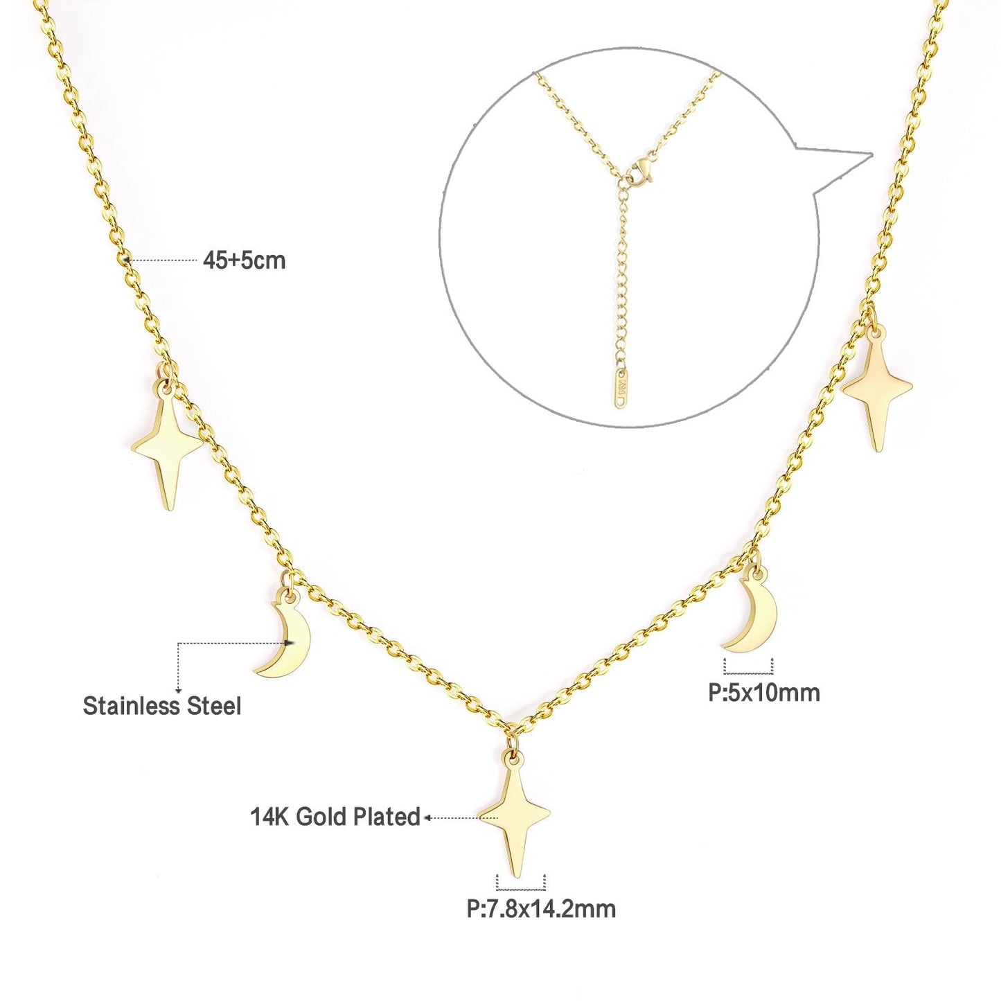 ASON Moon and Star Pendant Necklaces Gold Color Stainless Steel Chain for Women Girls Fashion Jewelry Accessories Gift