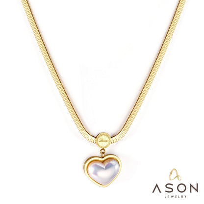 ASON Fashion Imitation Heart Shape Pearl Pendant Necklace Stainless Steel Choker for Women Wedding Jewelry Gift