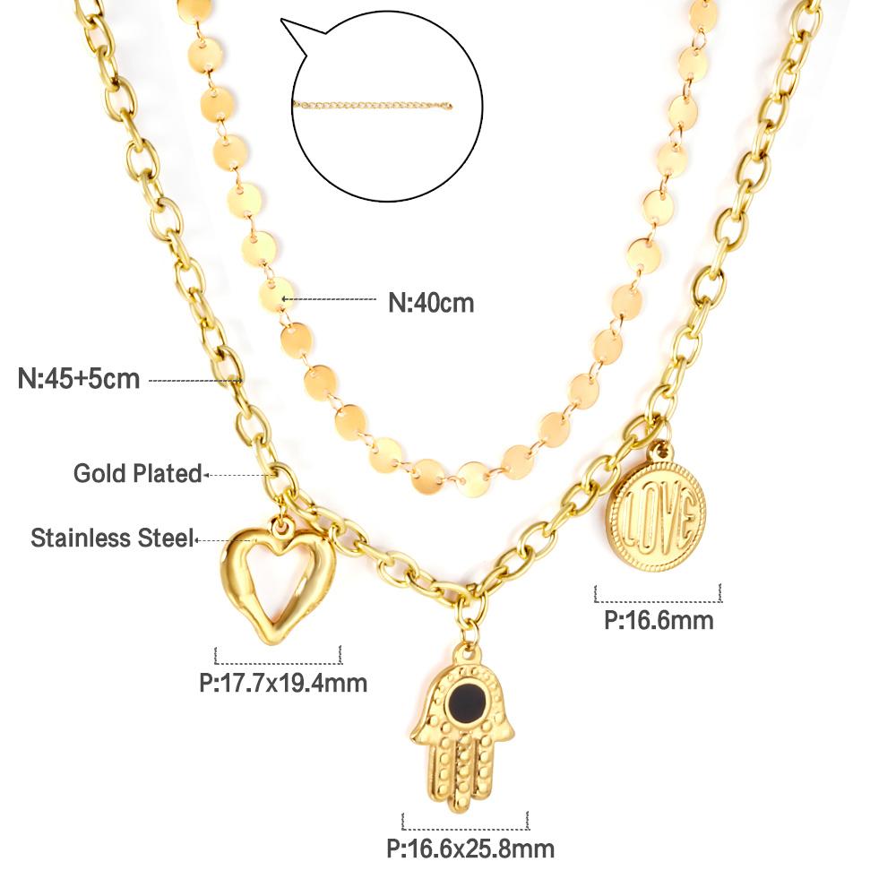 ASON Hamsa Hand Heart Pendant Necklace Multi-layer Stainless Steel Choker Fatima Hand for Women Men Fashion Jewelry Gift
