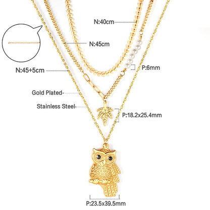 ASON Gold Color Stainless Steel Owl Pendant Necklace Multi-layer Choker with Imitation Pearl for Women Jewelry Gift
