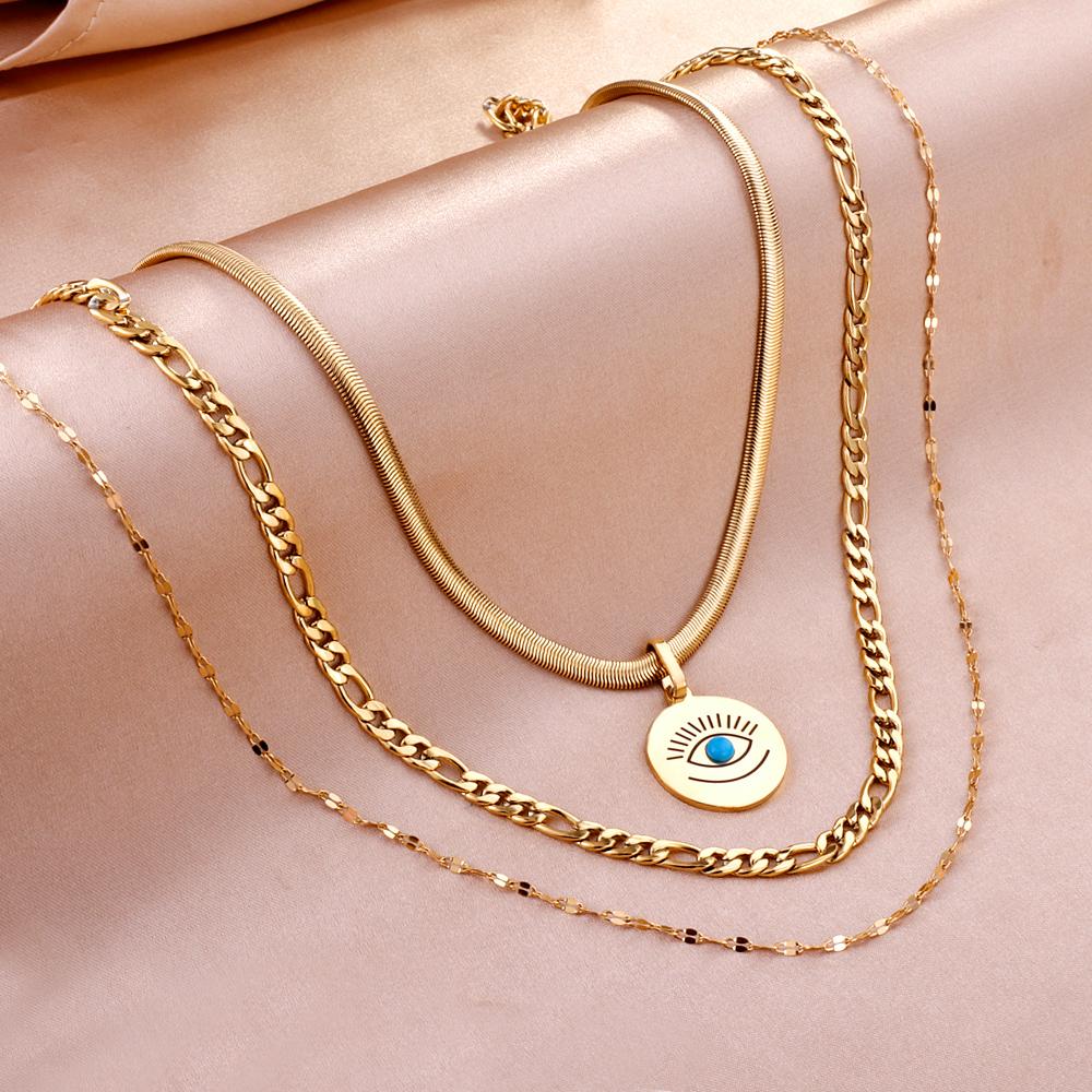 Triple Pendant Necklace For Office Lady Asethetic Collares Blue Evil Eyes Woman Multilayer Collier Boho Fashion New