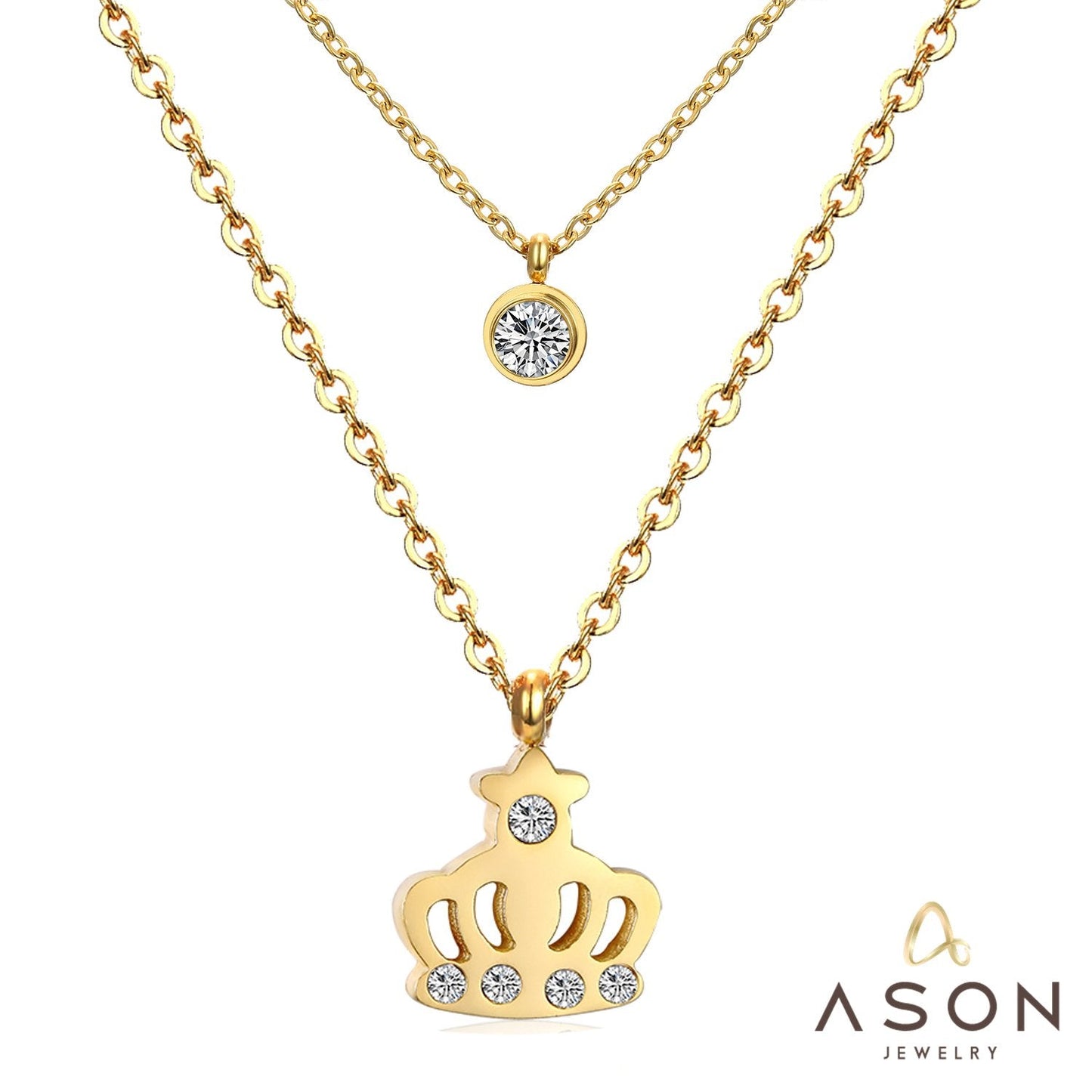 ASON  Necklaces Stainless Steel Round Cubic Zirconia Pendant Necklaces Gold Color Double Chainlaces Party Gift Chokers