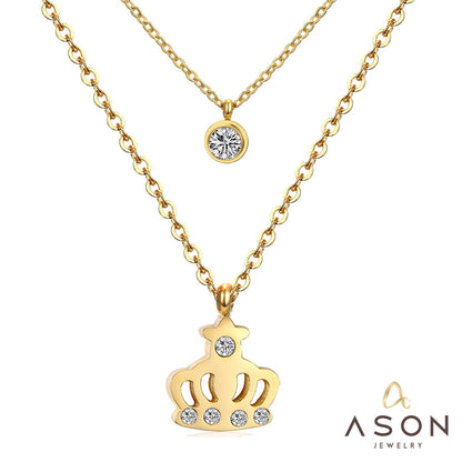 ASON  Necklaces Stainless Steel Round Cubic Zirconia Pendant Necklaces Gold Color Double Chainlaces Party Gift Chokers
