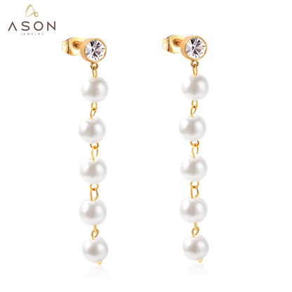 ASON Stainless Steel Imitation Pearls Drop Earrings with Cubic Zirconia for Women Hanging Dangle Earring Fashion Jewelry