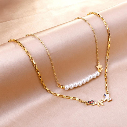 Imitation Pearl Double Layered Necklace With Cute Astronaut Heart Star Charms Box Chian Double Pendant Necklace
