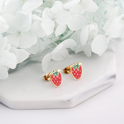 Enamel Girls Kids Small Earrings Stainless Steel Gold Color Push Back Strawberry Stud Earring Fashion Jewelry Party Baby Accessorie