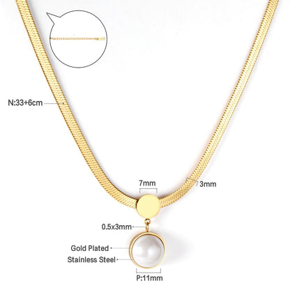 ASON Gold Color Flat Snake Chain Round Imitation Pearl Pendant Necklace Stainless Steel Choker for Women Fashion Jewelry
