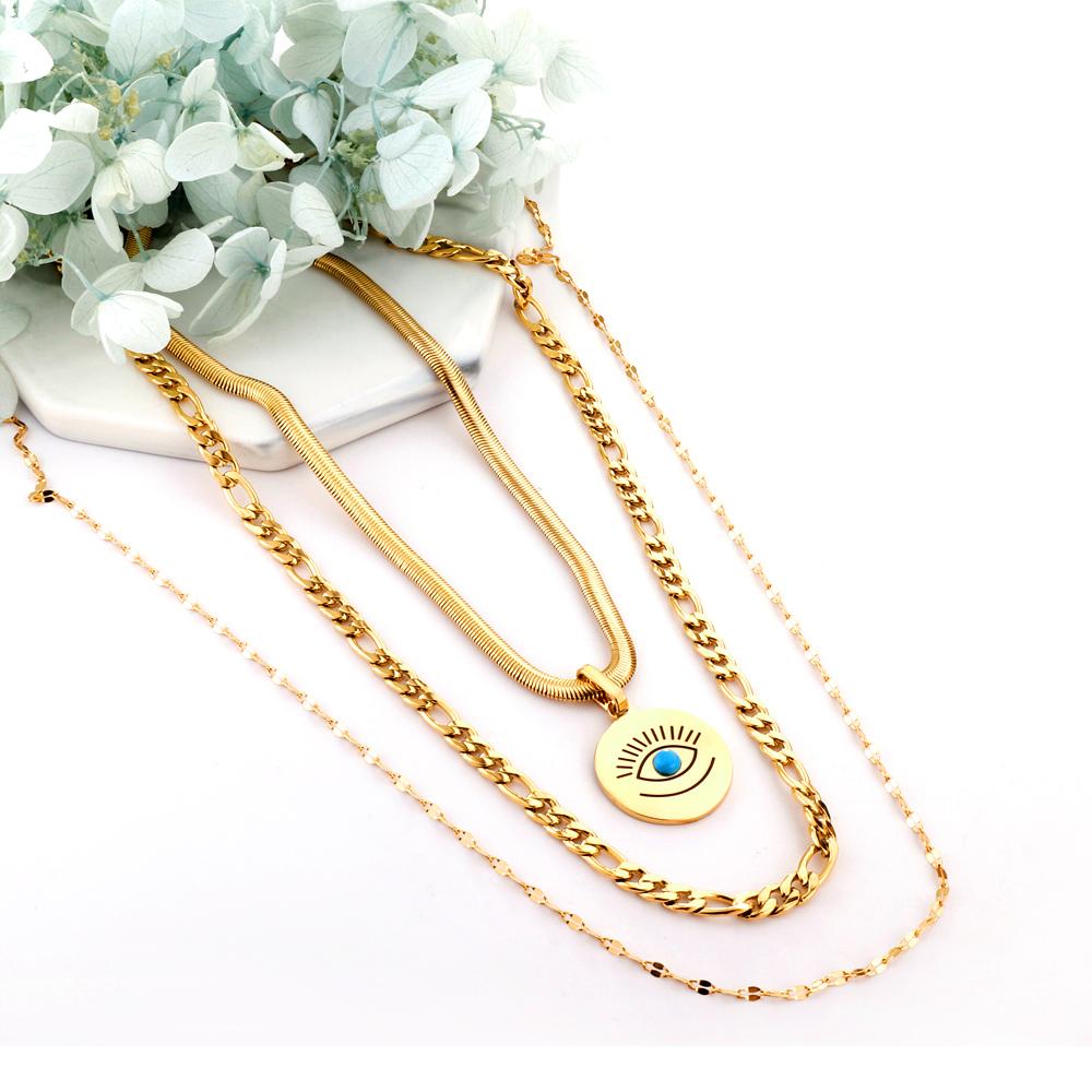 Vintage Multilayer Necklace For Women Stainless Steel Blue Evil Eyes Pendant Snake Figaro Chain Choker Y2k Jewelry
