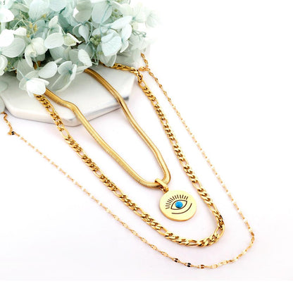 Vintage Multilayer Necklace For Women Stainless Steel Blue Evil Eyes Pendant Snake Figaro Chain Choker Y2k Jewelry