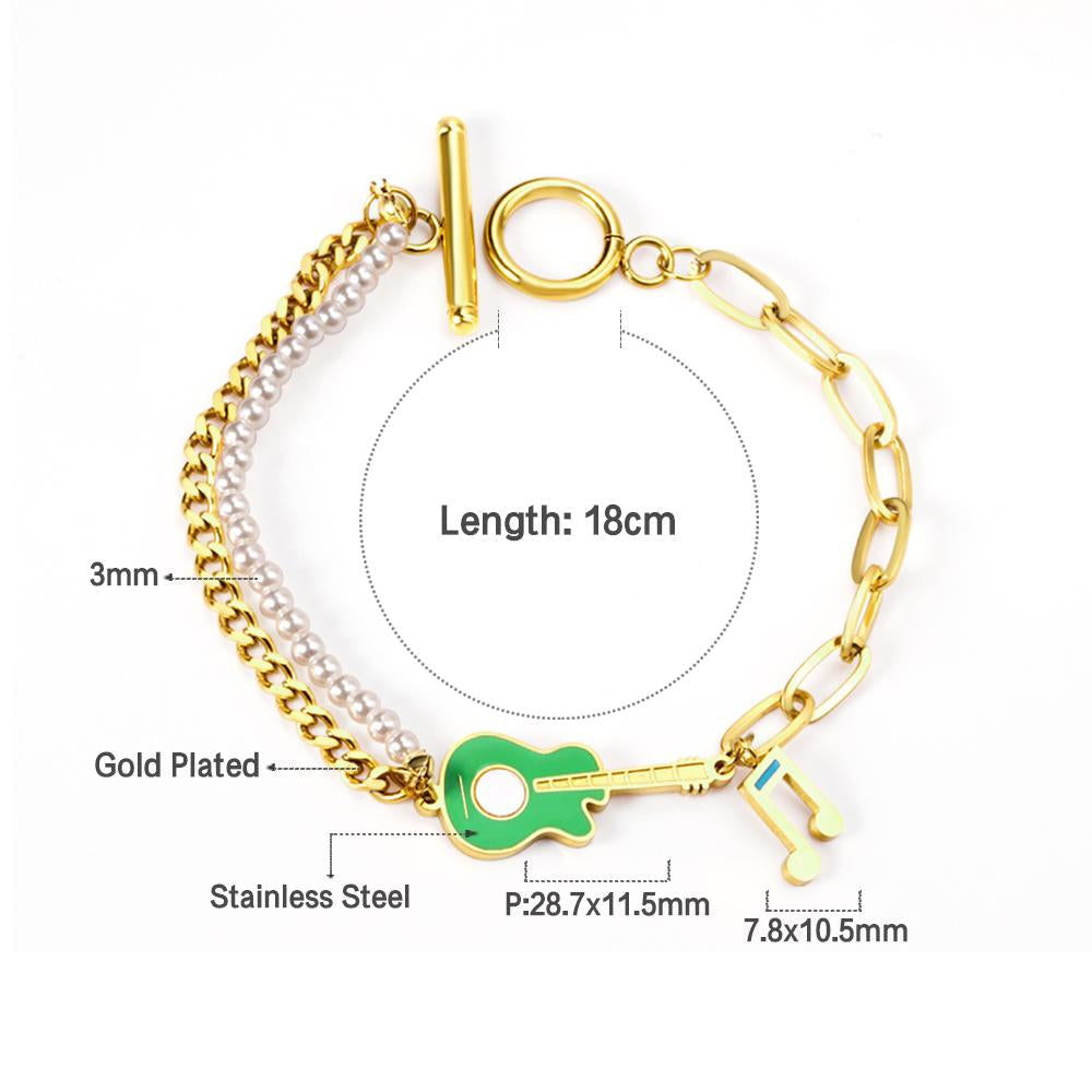 ASON Trendy Musical Notes and Guitar Charm Bracelet Gold Color Stainless Steel Bangle 18cm for Women Men Party Gift Jewelry
