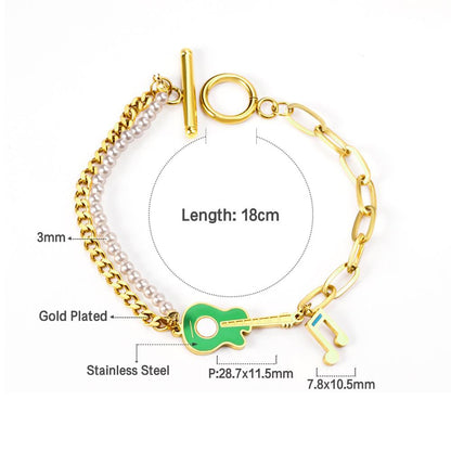 ASON Trendy Musical Notes and Guitar Charm Bracelet Gold Color Stainless Steel Bangle 18cm for Women Men Party Gift Jewelry