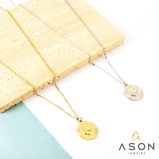 ASON Vintage Round Head Pattern Accessory Charm Pendant Necklace Gold Color Stainless Steel For Women Men Jewelry Chokers