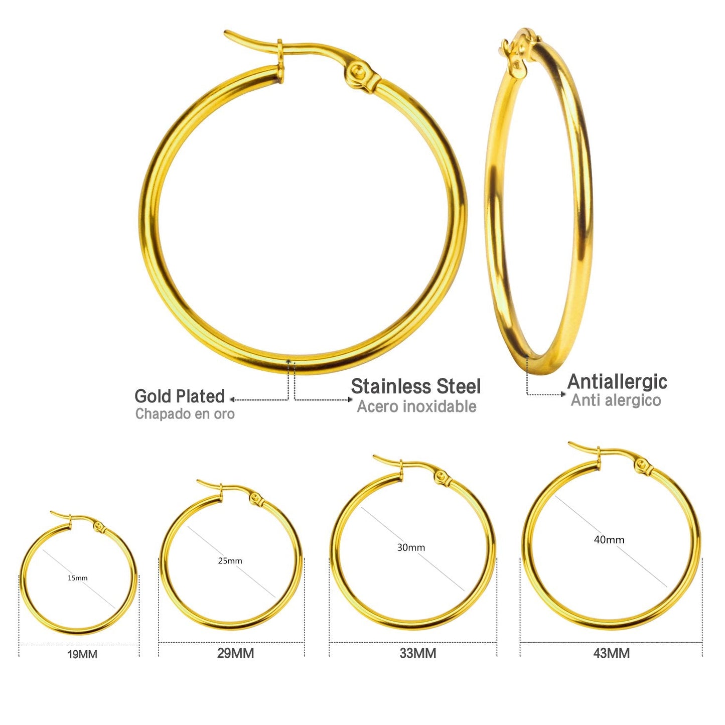 Gold Color Stainless Steel Hoop Earrings For Women Men Big/Small Circle Round Ear Jewelry Bijoux Acier Inoxidable