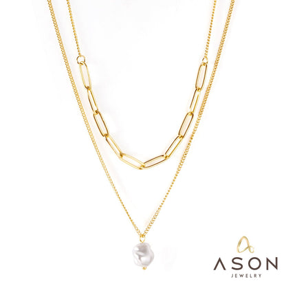 ASON Stainless Steel Trendy Double Chains Necklace With Pearl Pendant Necklace Gold Color For Women Jewelry Party Gift