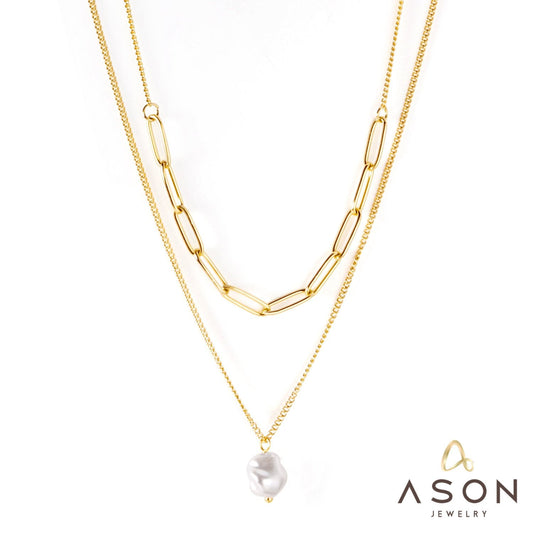 ASON Stainless Steel Trendy Double Chains Necklace With Pearl Pendant Necklace Gold Color For Women Jewelry Party Gift