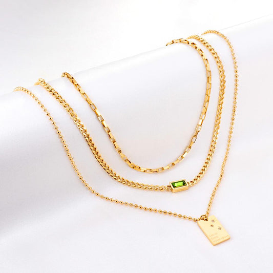 Green Square Shiny Zirconia Necklace Triple Multi-layer Square Pendant Necklace For Woman Mix Chains Thick Collier