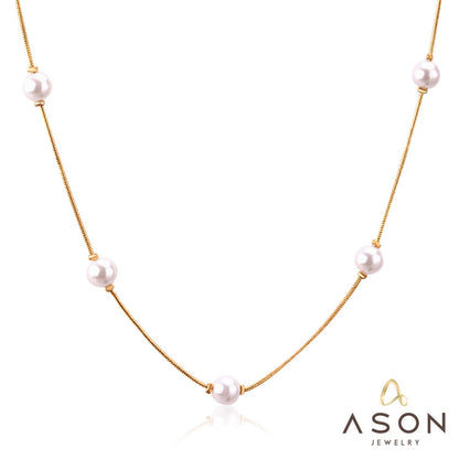 ASON White Black Round Imitation Pearl Pendant Necklace Gold Color Stainless Steel Snake Chain Jewelry Gift Party Chokers